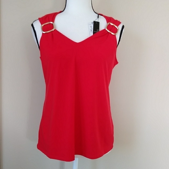 NEW Tahari Buckle Scrunch V Neck Top M Red - Picture 1 of 13